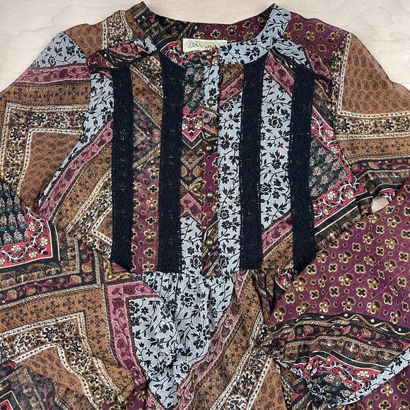 Vintage Y2K Patchwork Print Long Sleeve Sheer Babydoll Dress - Picture 5 of 8